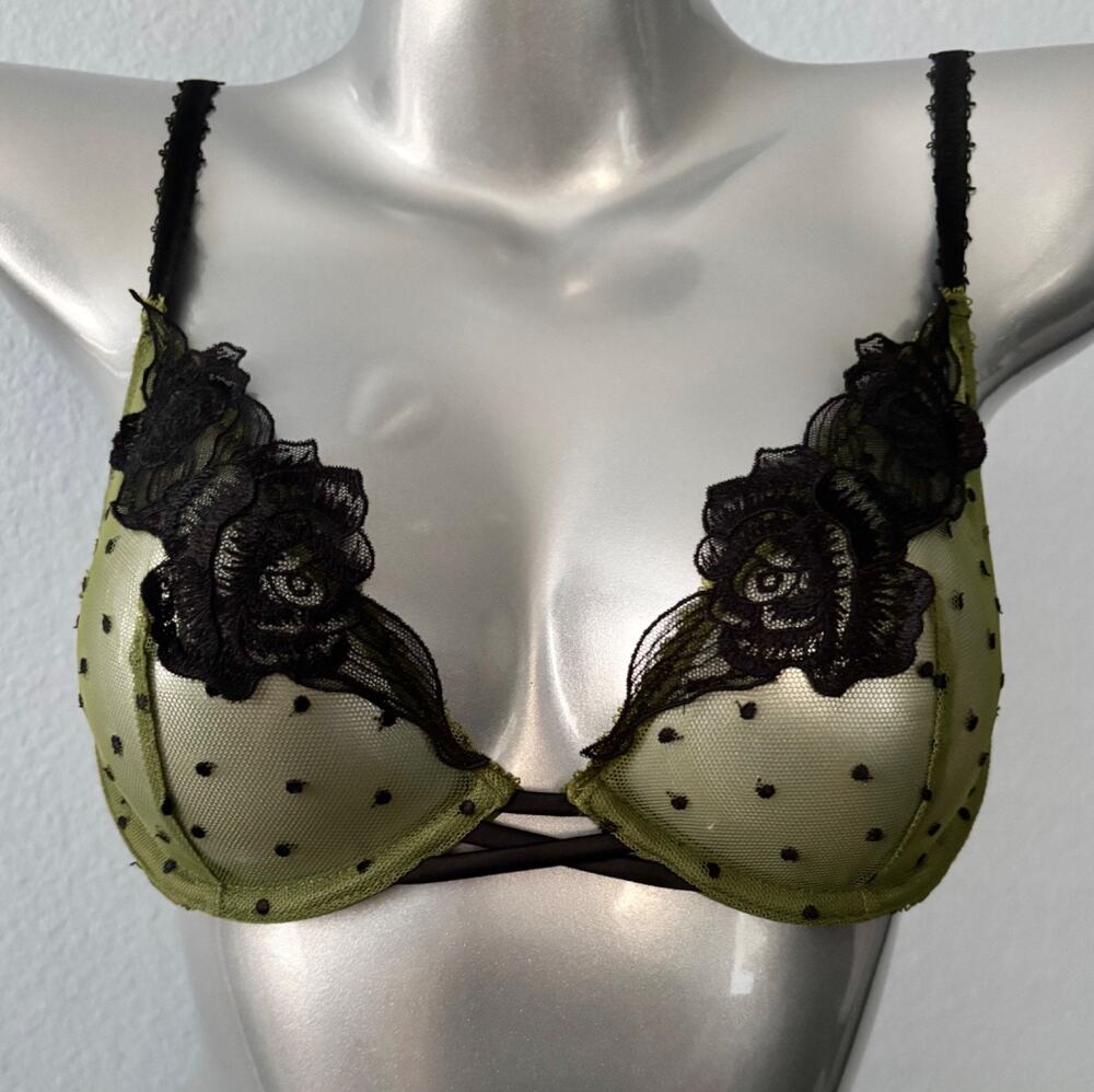 Victoria's Secret Bra Very Sexy Green Mesh Black Dot Unlined Underwire Demi 36B - Picture 1 of 4